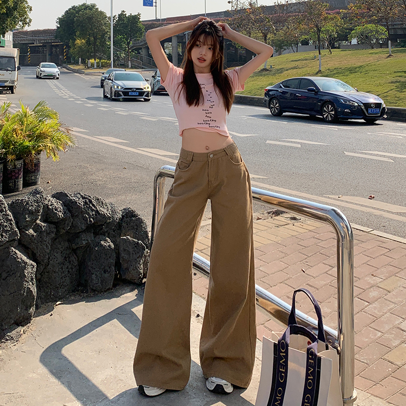 Latte brown loose wide-leg pants~ Easy to control mid-waist floor jeans and nine-point trousers extended for various occasions