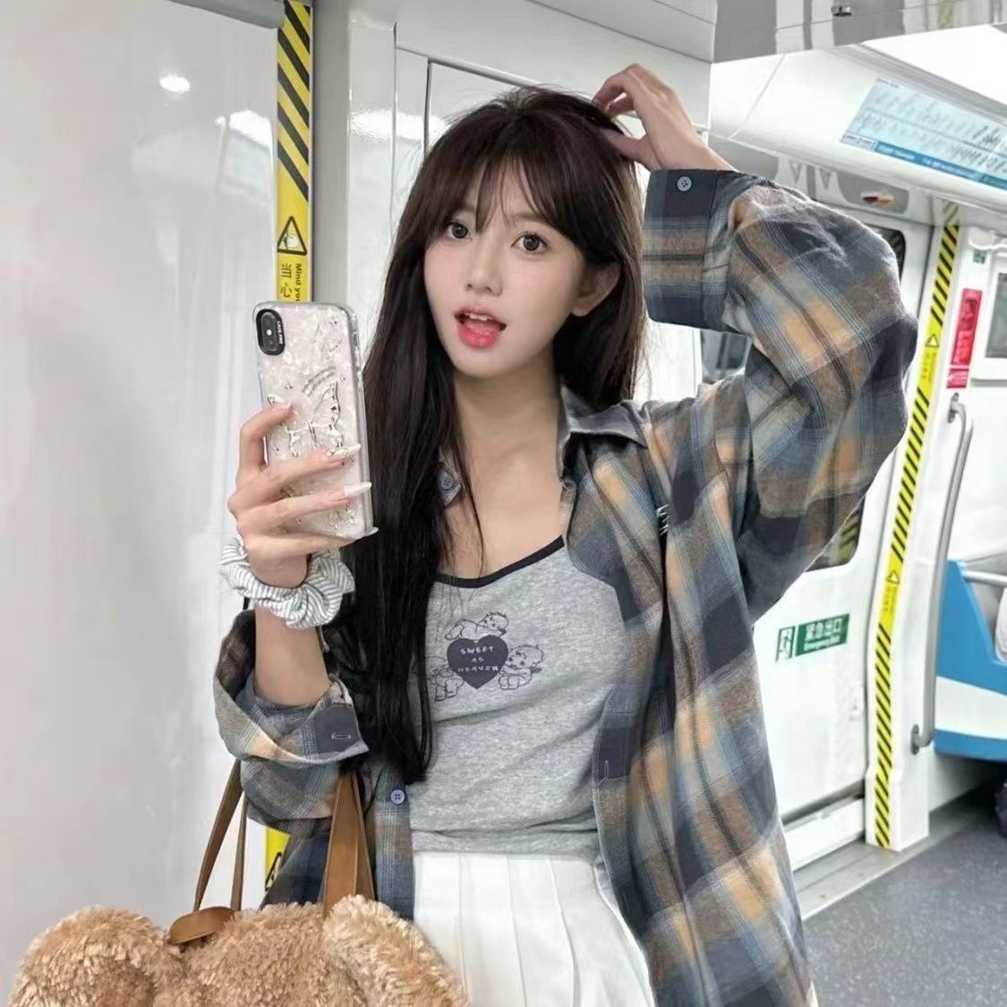 Spring and Autumn American retro dopamine long-sleeved plaid contrast shirt new casual shirt jacket thin top