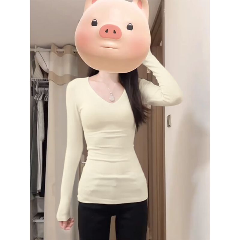 Korean white V-neck long-sleeved T-shirt women's tops in spring and autumn new style waist-hugging slim and high-end feel inner base shirt