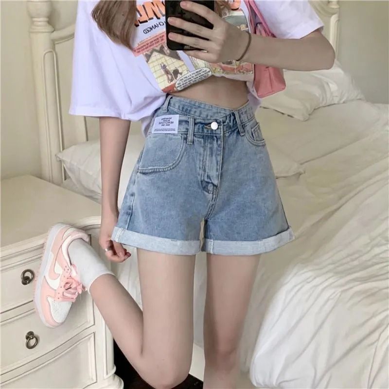 New Korean style irregular slanted jeans high-waisted slim jeans for women's versatile denim shorts trendy