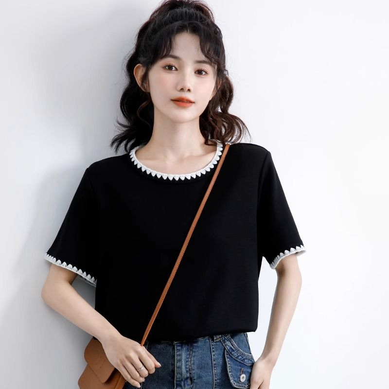 French color-blocking loose versatile T-shirt women's summer new style front shoulder mid-sleeved small fragrance style top trendy