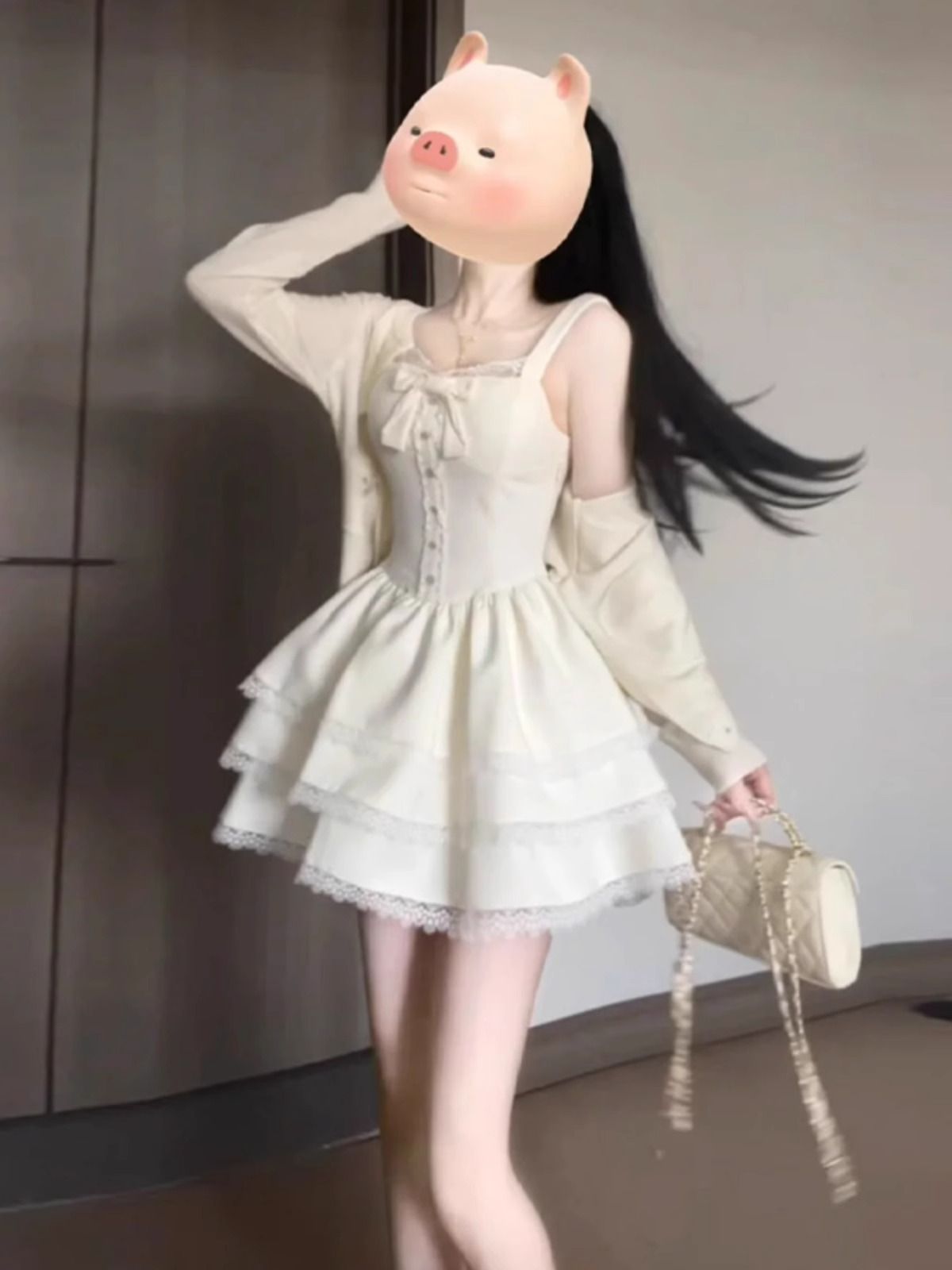 French sweet and unique super beautiful cardigan jacket fluffy cake dress two-piece set small one spring and autumn outfit