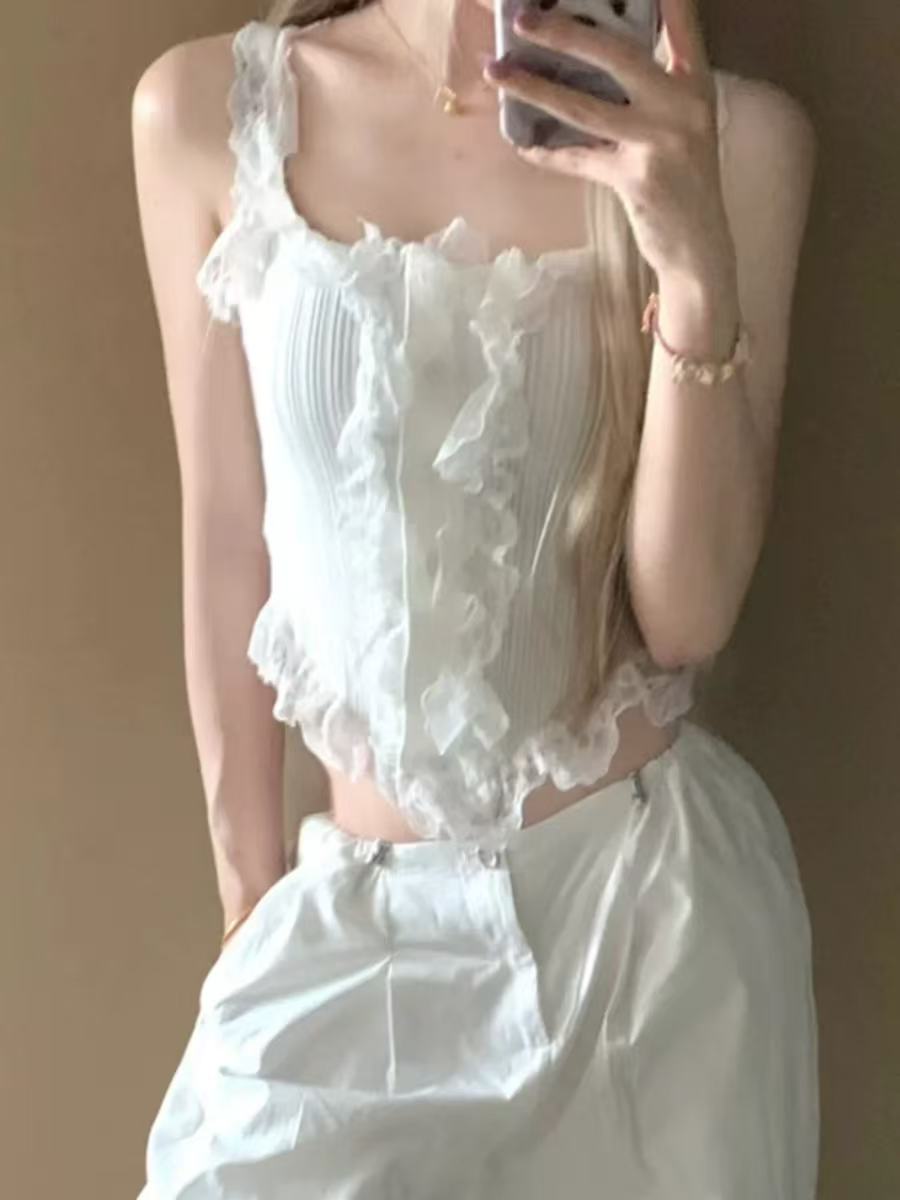 非實拍性感純欲風蕾絲白色吊帶背心春夏辣妹木耳花邊短款上衣