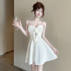 Real shot of sexy low-cut deep V-neck temperament hollow big sway dress waist-hugging slimming A-line skirt short skirt
