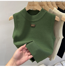 針織吊帶背心夏季小香風圓領車標設計感小眾無袖外穿內搭打底上衣