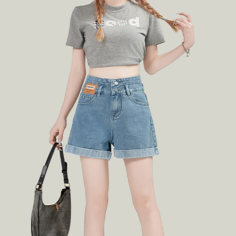 Korean style rolled double button denim shorts for women new high waist loose straight A-line hot pants wide-leg jeans trendy