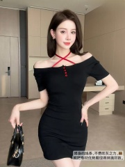 ~ Pure and sweet hot girl fake two-piece printed short-sleeved dress for women with breast pad hip-covered skirt