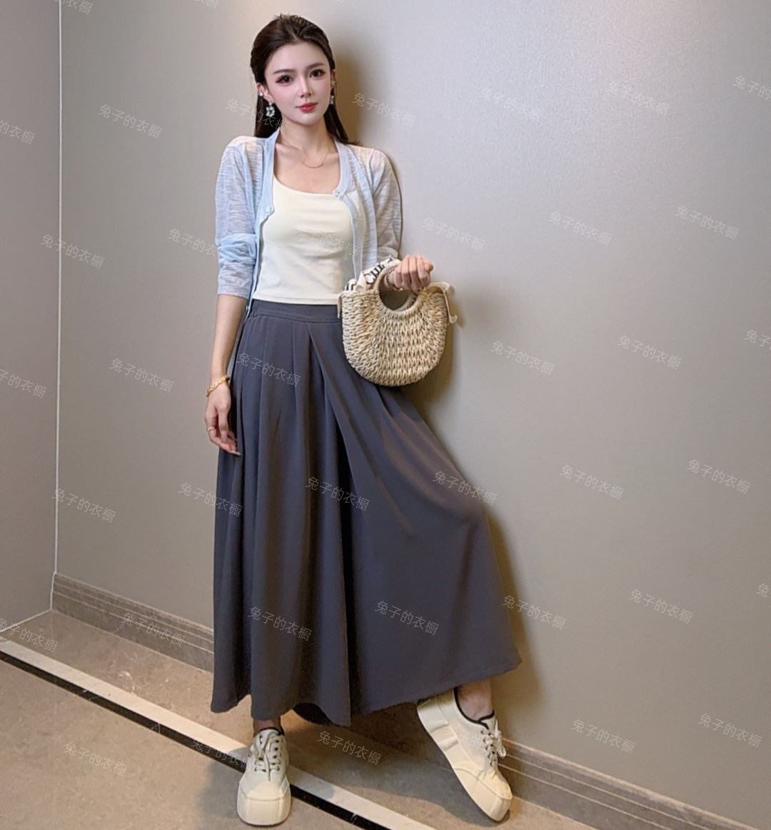 冰感絲裙褲夏季新款疊搭式設計感黑色西裝時尚女闊腿褲