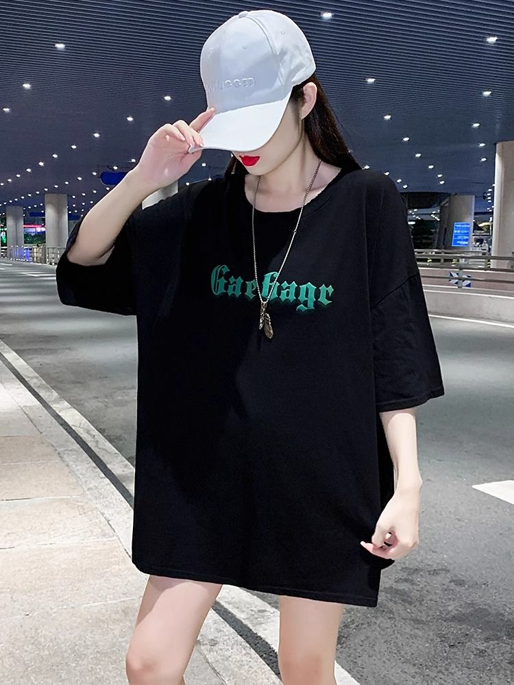 200g pure cotton 2025 new summer large size loose mid-length dress fat mm short-sleeved T-shirt skirt for women