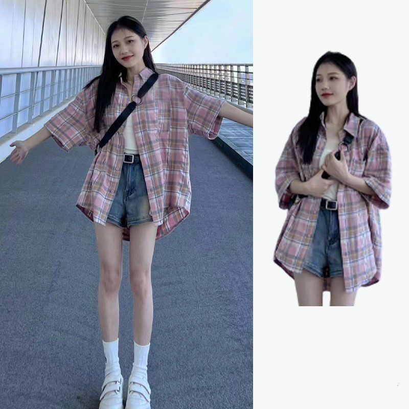 美式復古撞色格子短袖襯衫女夏季寬鬆情侶百搭襯衣女