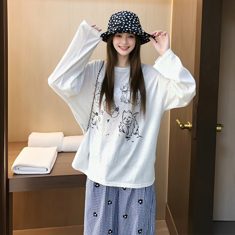 American graffiti printed yellow T-shirt for women in spring thin lazy style loose versatile top with sunscreen blouse