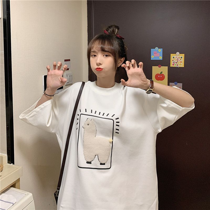 White alpaca embroidered short-sleeved T-shirt for women in summer design niche cotton base shirt loose half-sleeved top