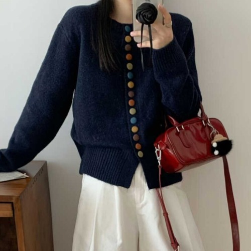 Korean simple color button knitted cardigan for women 2024 autumn and winter new loose short high-end sweater top