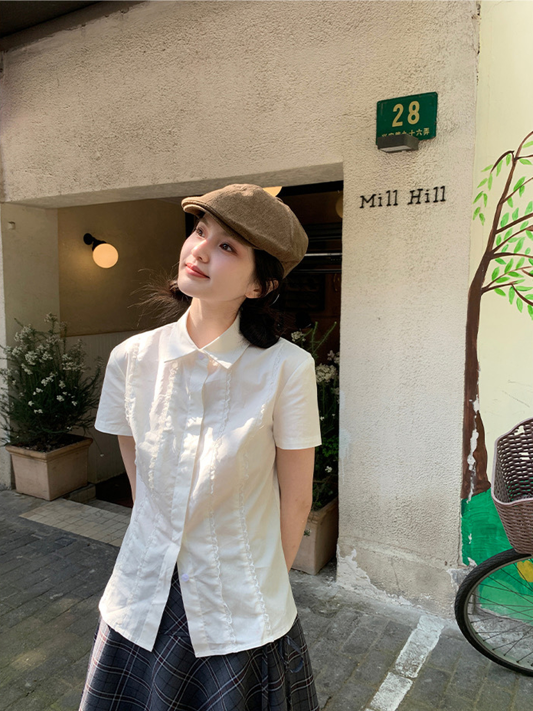 少女感白色短袖襯衫女學院風上衣設計感蕾絲花邊修身襯衣