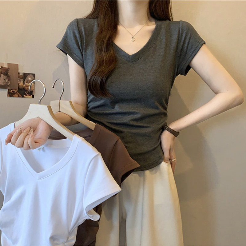 Real-life summer clothing new design niche slim fit pleated short v-neck short sleeve T-shirt top for women