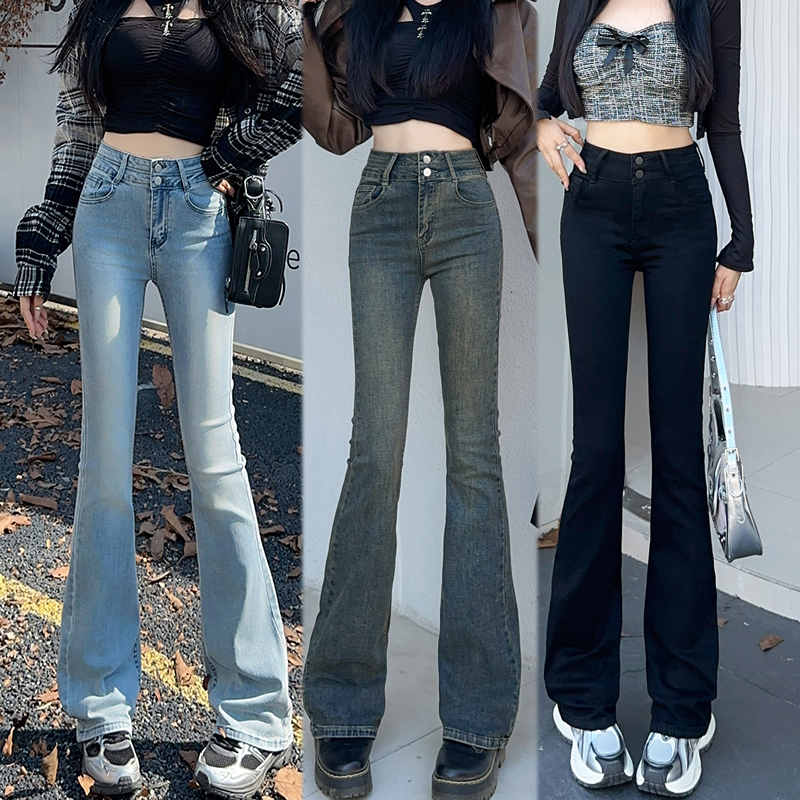 Exclusive for small people ~ soft and elastic double buckles!  Denim bell-bottom pants slimming and soft denim spring hot girl with long legs