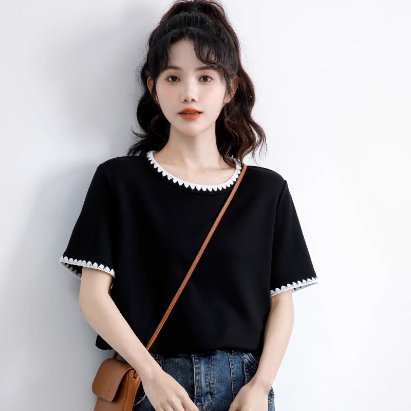 Official photo 100% cotton 21 210g pure cotton white moon embroidered short-sleeved T-shirt for women
