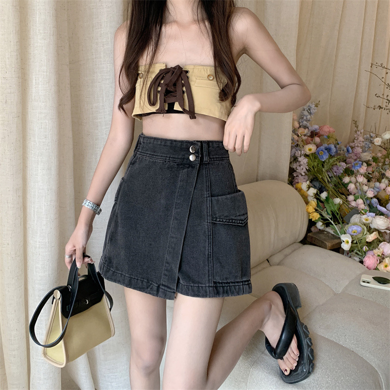 2025 summer Korean version of high waist slim denim skirt versatile short skirt MM women's irregular trousers skirt