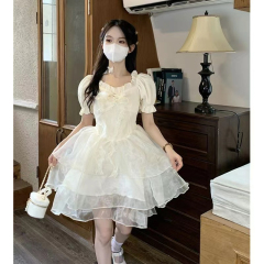 2025夏季公主裙甜美三層紗裙少女蓬蓬連衣裙蝴蝶結可拆小清新短袖