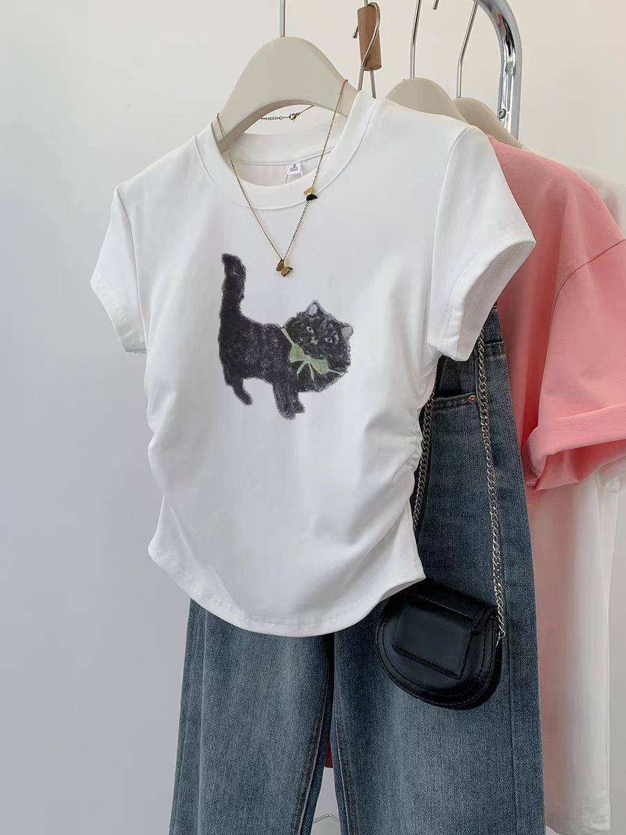 Pure cotton high elastic pleated waist small flying sleeve short sleeve T-shirt for women in summer new slim T-shirt top
