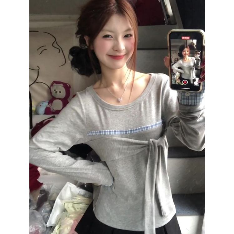 Original workmanship # plaid splicing 1×1 person cotton modal 260g fake two-piece long-sleeved T-shirt for women