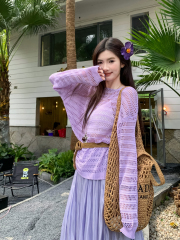 Real shot, design, one-length-out-shoulder loose hollow knitted T-shirt for women 2025 spring slim shirt top