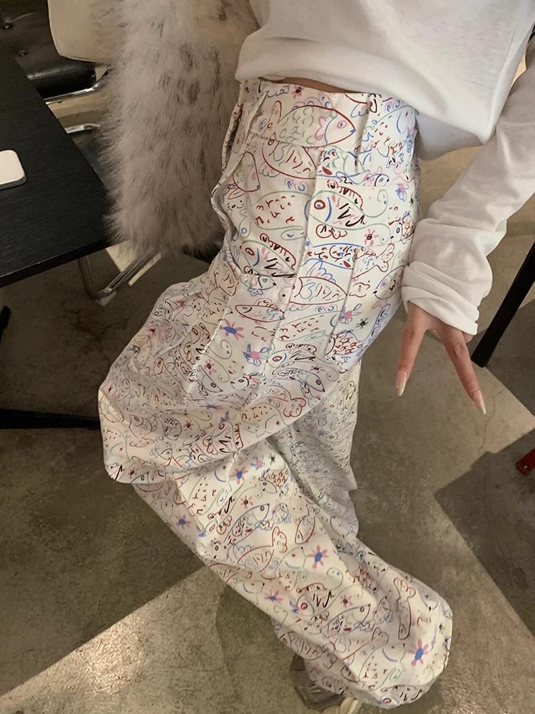 ，原版做法香奶奶小魚褲女白色卡通印花直筒闊腿褲女拖地褲