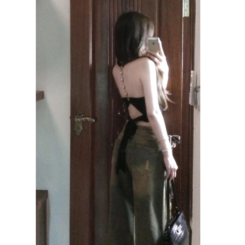 Korean lace-up chest pad halter neck strap design sexy backless suspender slim sleeveless pure short top