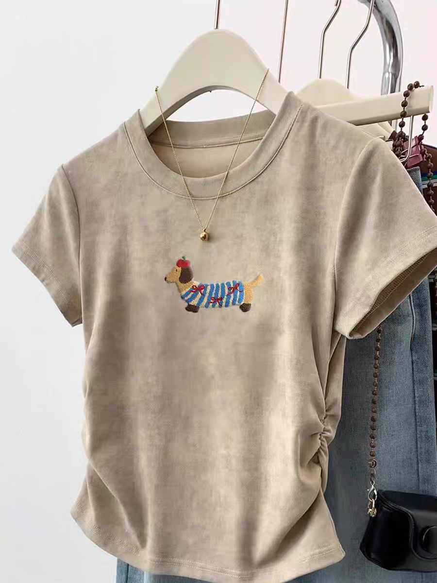 Pure cotton high elastic pleated waist small flying sleeve short sleeve T-shirt for women in summer new slim T-shirt top