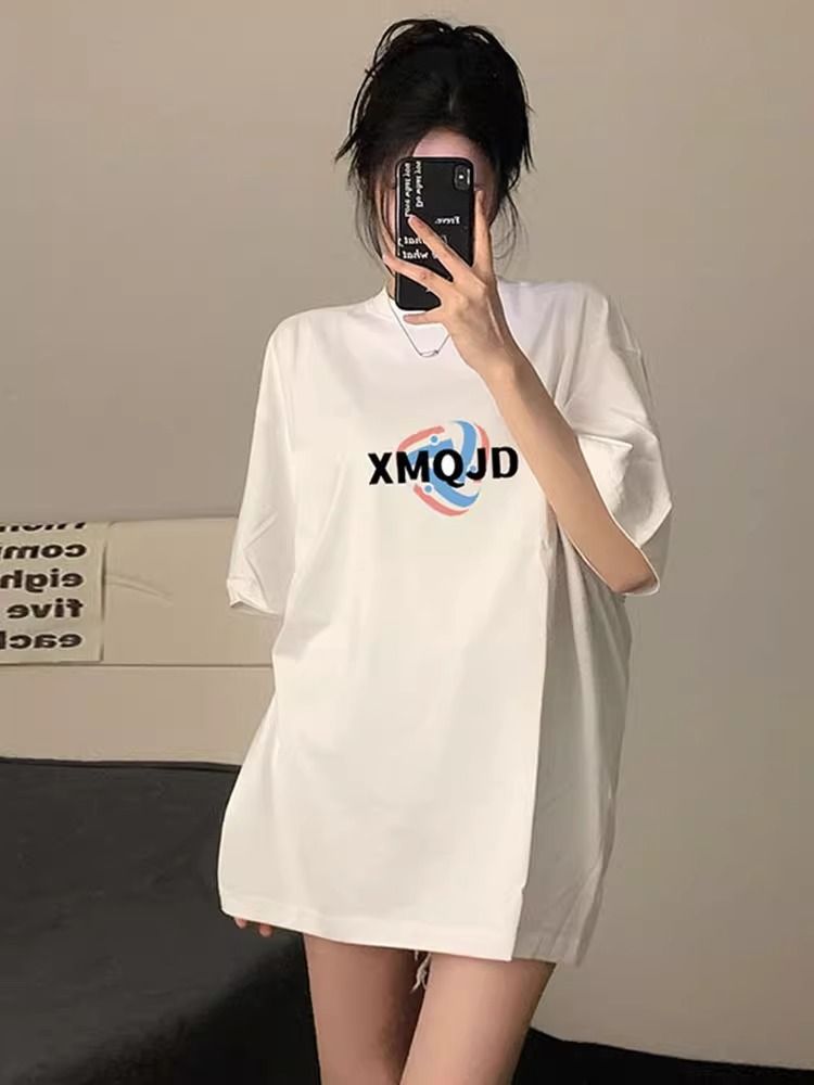 200g pure cotton 2025 new summer large size loose mid-length dress fat mm short-sleeved T-shirt skirt for women