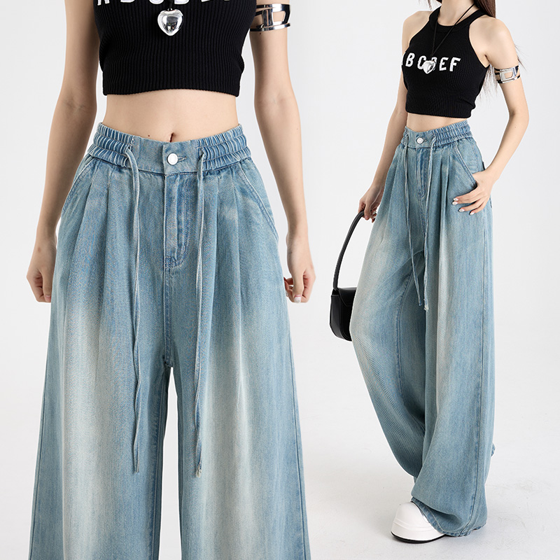 Natural choice ~ Laiser environmentally friendly fabric!  Waist tether wide-leg pants ice silk cool breathable denim loose