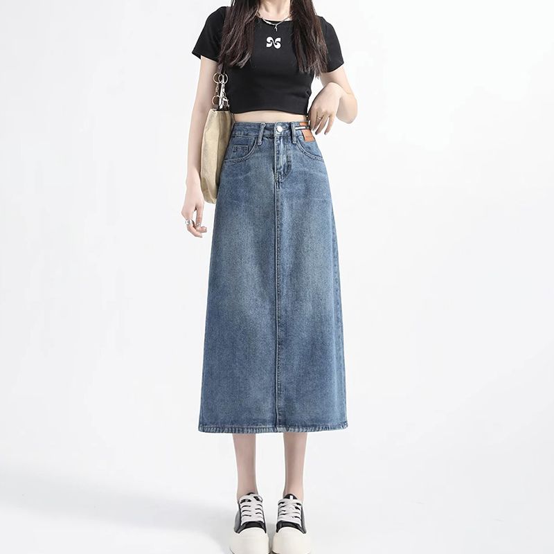 Retro Ins denim skirt for women in spring and summer new mid-length high-waisted slimming back slit A-line denim skirt