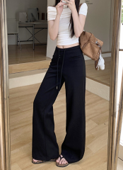 Real shot of drawstring design wide-leg pants American high-waist loose casual trousers