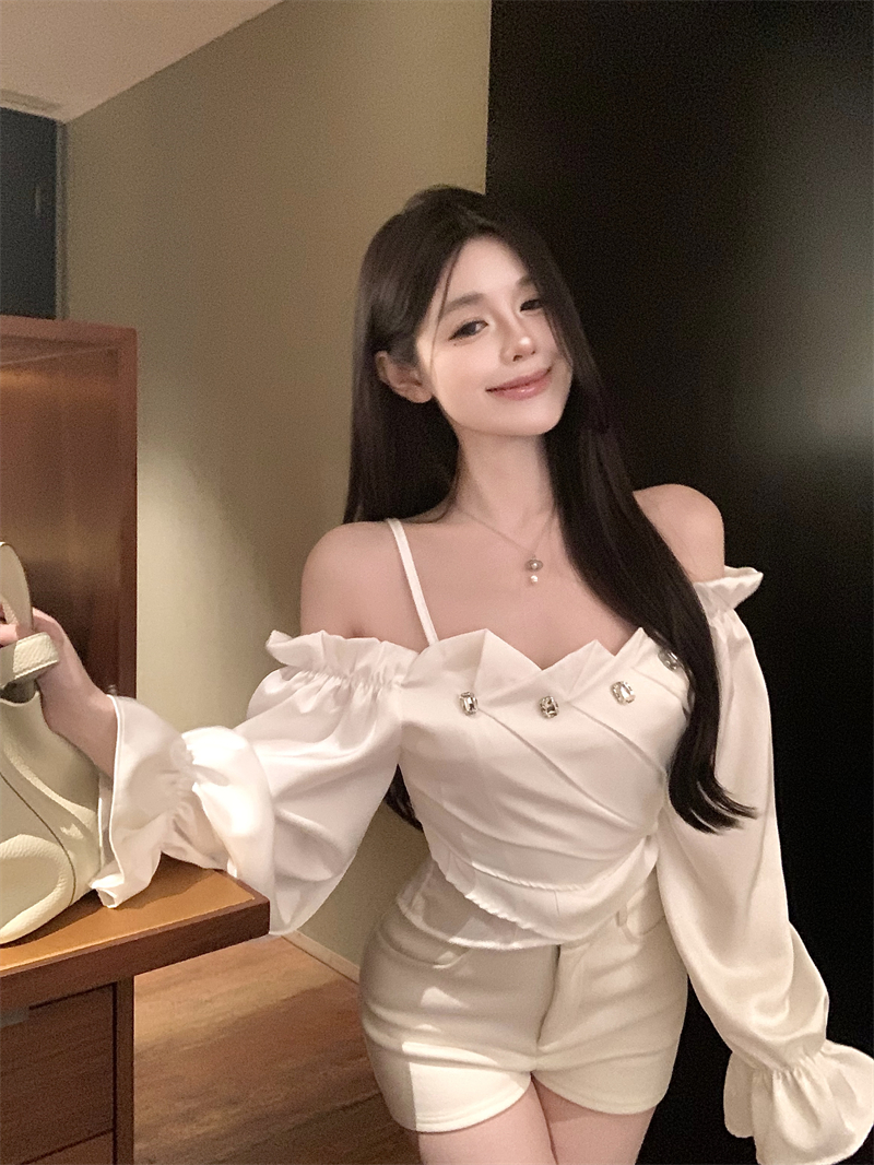 Real photo of heavy industry inlaid diamond flared sleeve satin shirt for women with irregular shoulder-length shirt