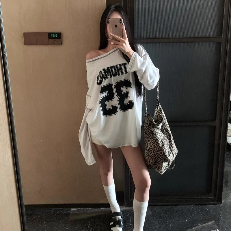 +Colored cotton pull-up lazy style thin bright line long-sleeved T-shirt loose casual top