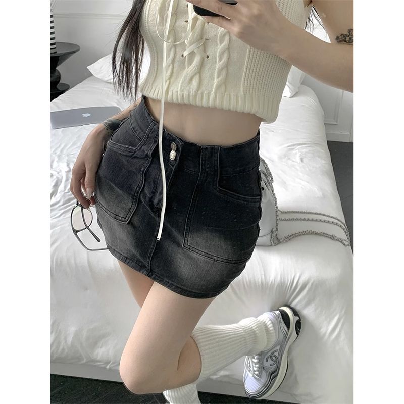 Black high-waist denim skirt for women in summer new American hottie versatile tight tight slim hip short skirt trendy