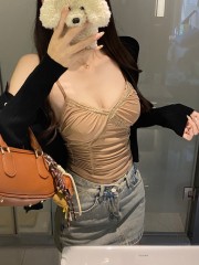 實拍 夏季蕾絲拼接V領修身褶皺辣妹短款顯瘦帶胸墊內搭吊帶