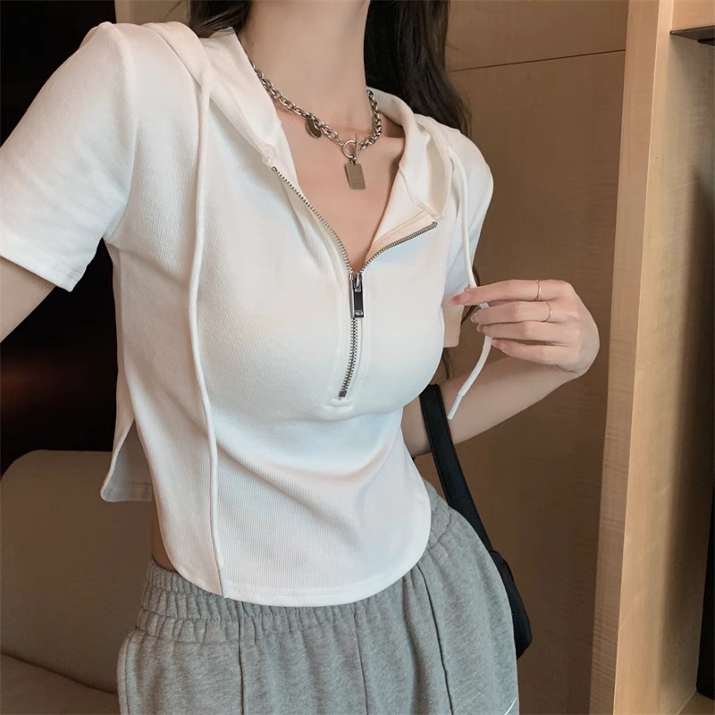 Official photo 100% polyester fiber 2025 summer hooded zipper short-sleeved T-shirt for women