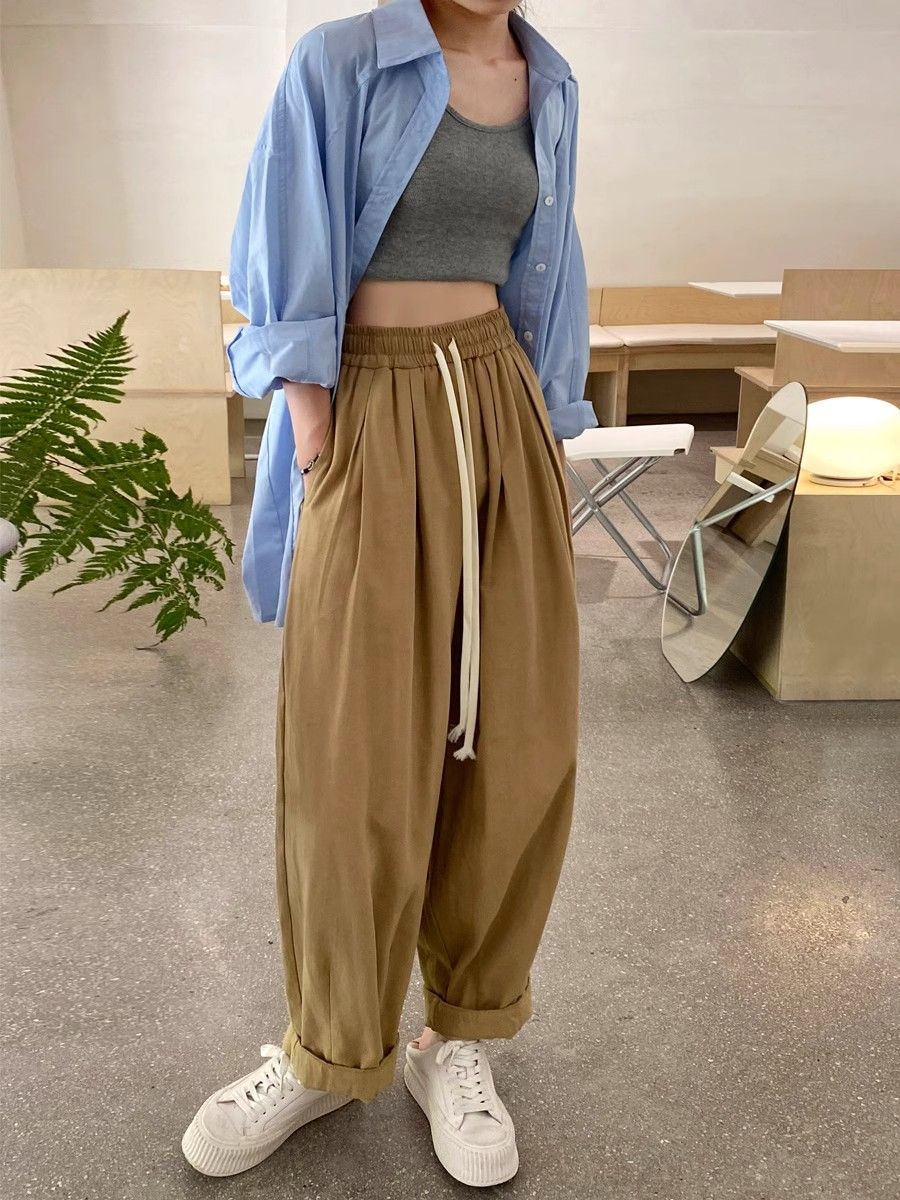 Khaki work pants for women in spring and autumn high waist large size Japanese loose carrot pants for slimming wide-leg casual pants for women in summer