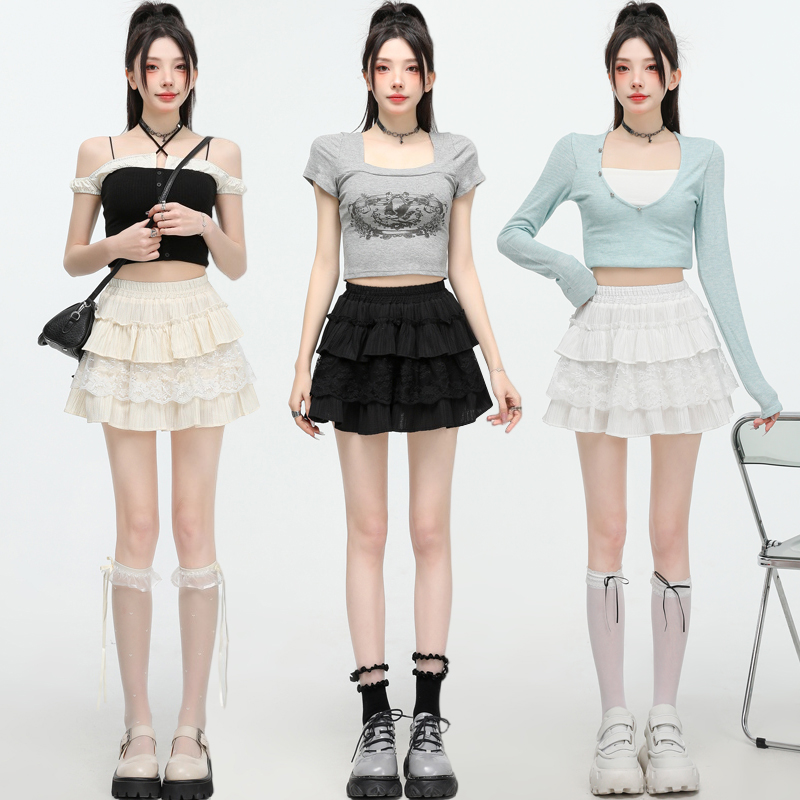 Real shot of sweet ruffled lace spliced ​​skirt for women in spring and summer 2025 high waist pleated layered cake short skirt trendy
