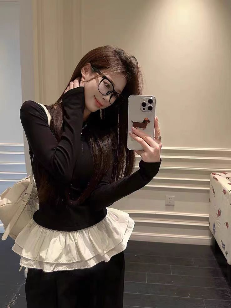 Ballet style spliced ​​lace long-sleeved T-shirt for women round neck fake two-piece top trendy sweet casual simple pullover fashionable