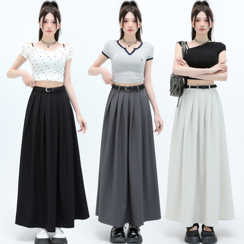 Real shot of women's suit pleated skirt for women in spring and summer 2025 high waist slim a-line mid-length large umbrella skirt