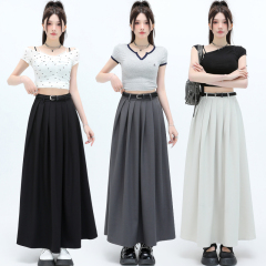 Real shot of women's suit pleated skirt for women in spring and summer 2025 high waist slim a-line mid-length large umbrella skirt