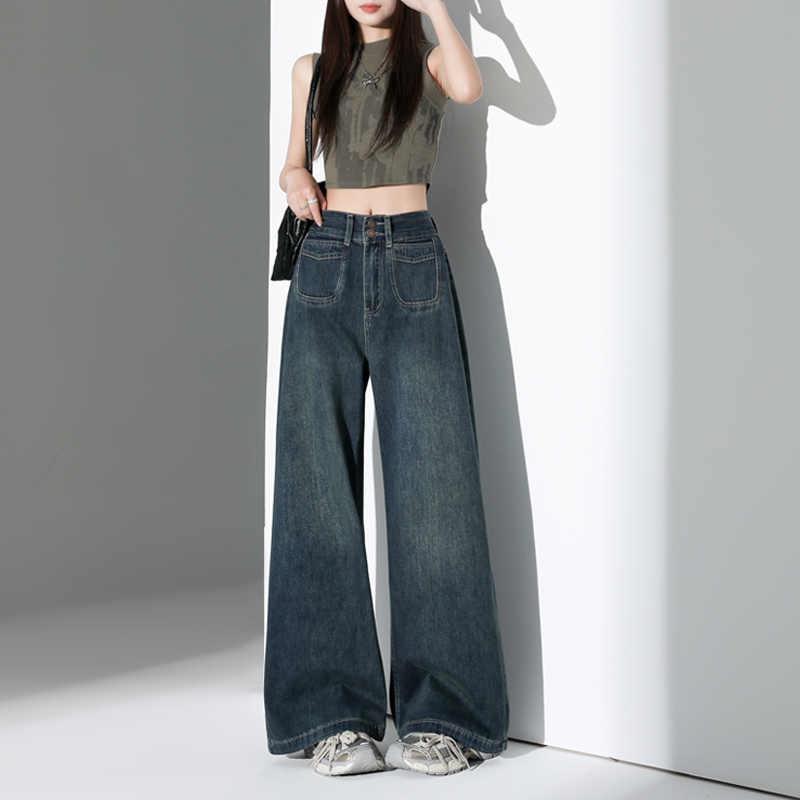Easy to wear to create a high-end feel~ Wide-leg jeans loose and slim straight trousers trousers lengthened