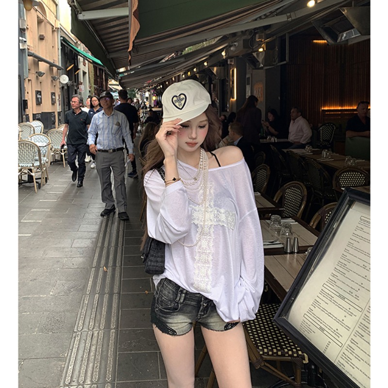 Summer Korean sunscreen clothes, slightly translucent lace T-shirt for women, loose and slim long-sleeved inner bottom shirt top