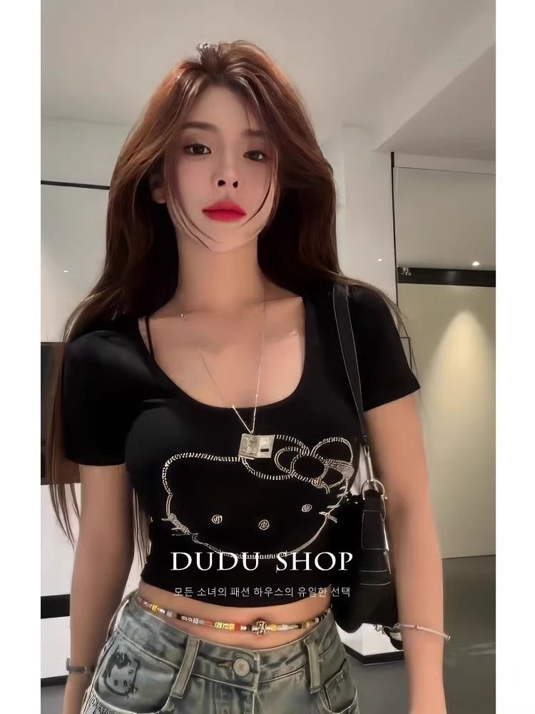 Pure sexy U-neck hot diamond gray short-sleeved T-shirt for women in summer outfits with high-end feel and unique waist-pinching top