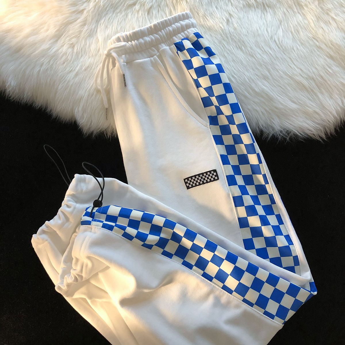 6535 Fish scales fashionable and super hot new style chessboard plaid American street style pants drawstring feet casual trousers