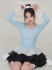 Modal cotton pure desire dot splicing off-shoulder long-sleeved T-shirt for women in spring waist-covering off-shoulder top