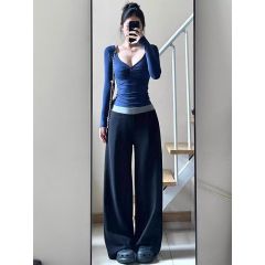 Black high-waisted spliced ​​sports and casual sweatpants for women in spring 2025 loose loose draped wide-leg floor trousers