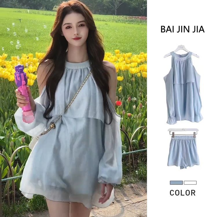 French halter neck off-shoulder top for women with niche design sense 2025 autumn new loose puff sleeve chiffon shirt